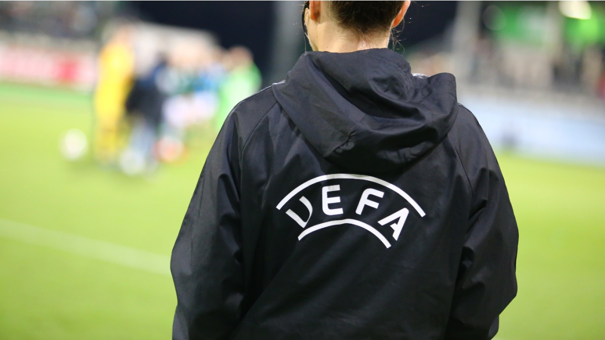 Wolfsburg, Germany, March 27, 2019: official UEFA assistant referee during UEFA Champions League game at AOK Stadion.