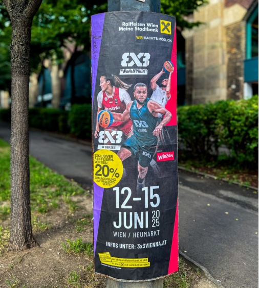 Vienna, Austria – June 2, 2025. Street poster promoting the FIBA 3x3 Basketball World Tour in Vienna, an international 3x3 tournament scheduled for June 12–15, 2025 at Kaiserwiese.