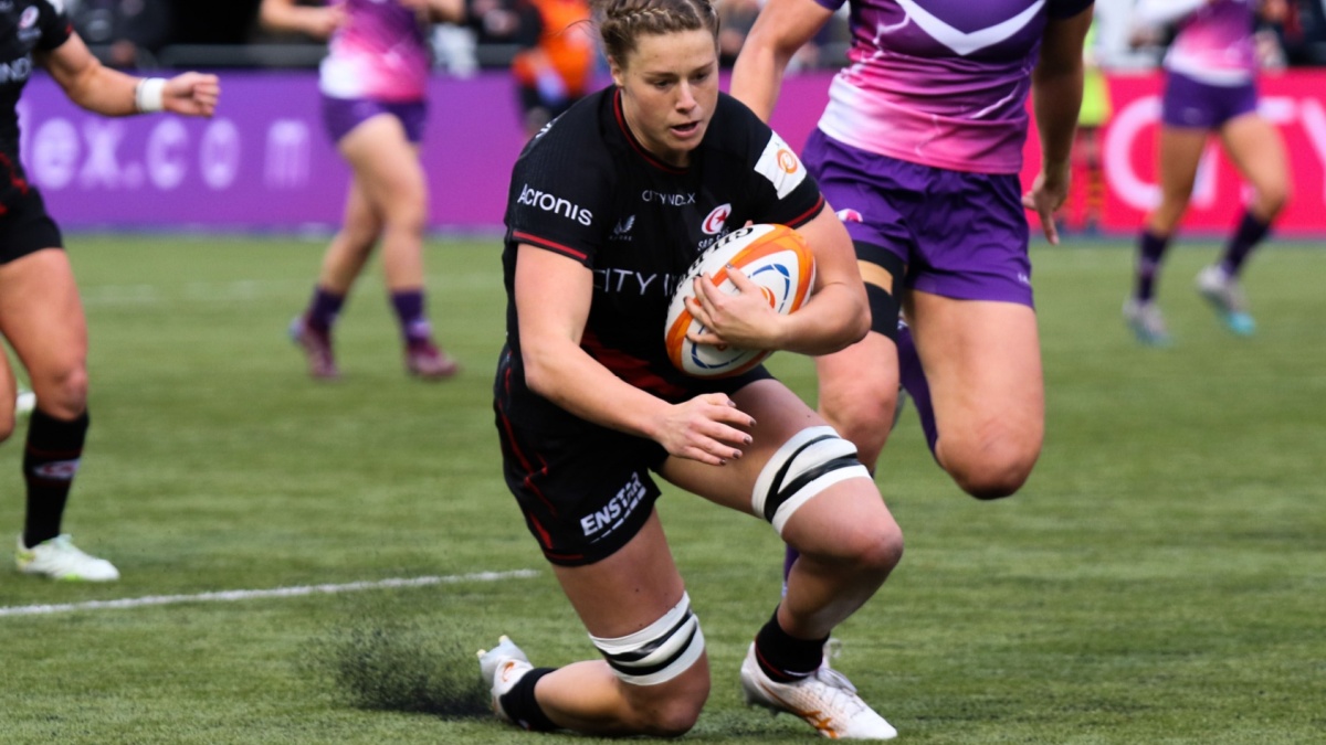 Sophie De Goede during a Premiership Women's Rugby encounter between Saracens and Loughborough Lightning at StoneX Stadium.