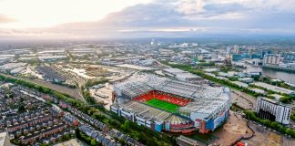 Manchester United’s ‘freight-sized’ pricing gap amid stadium rebuild UK, MANCHESTER - AUGUST 07, 2017: Old Trafford is a football stadium Greater Manchester England and the home of Manchester United. Aerial View of Iconic Football Ground.