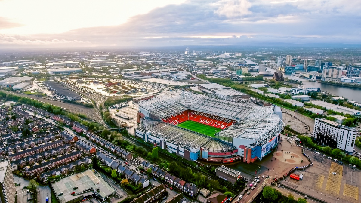 UK, MANCHESTER - AUGUST 07, 2017: Old Trafford is a football stadium Greater Manchester England and the home of Manchester United. Aerial View of Iconic Football Ground.