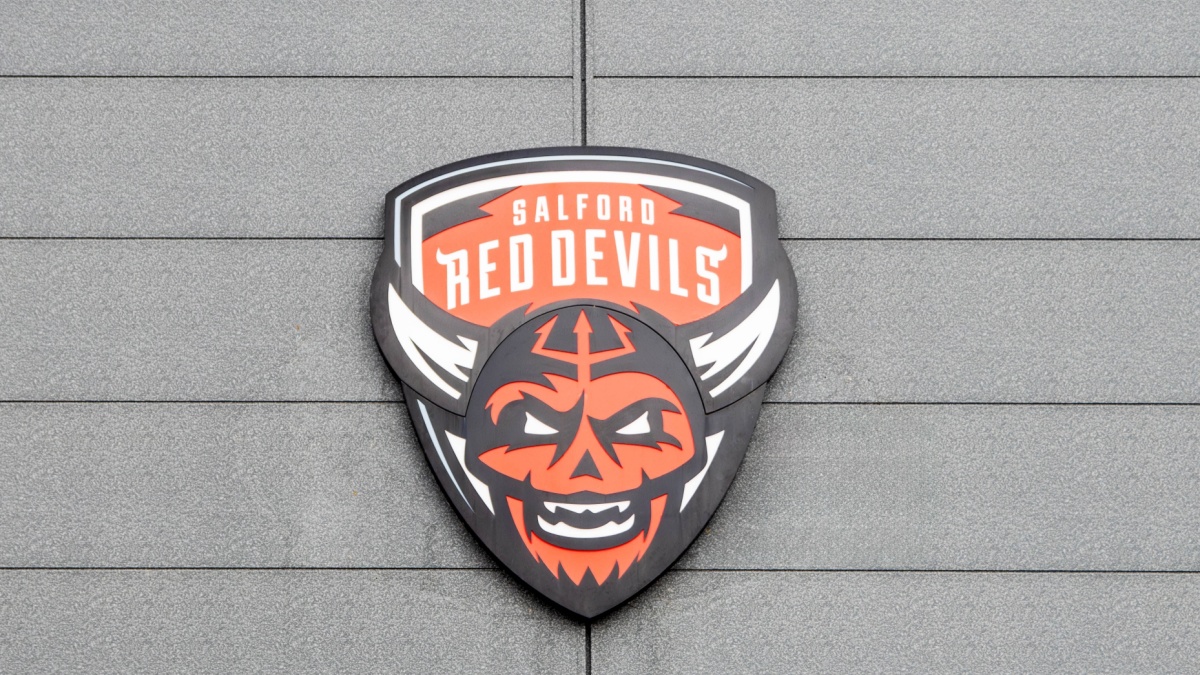 Manchester, United Kingdom - 2nd Aug 2025: Stadium sign for the Salford Red Devils rugby team.