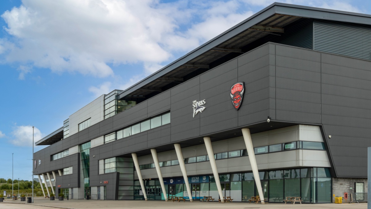 Manchester, United Kingdom - 2nd Aug 2025: The Salford Community Stadium that is home to both the Sale Sharks and Salford Red Devils Rugby Clubs.