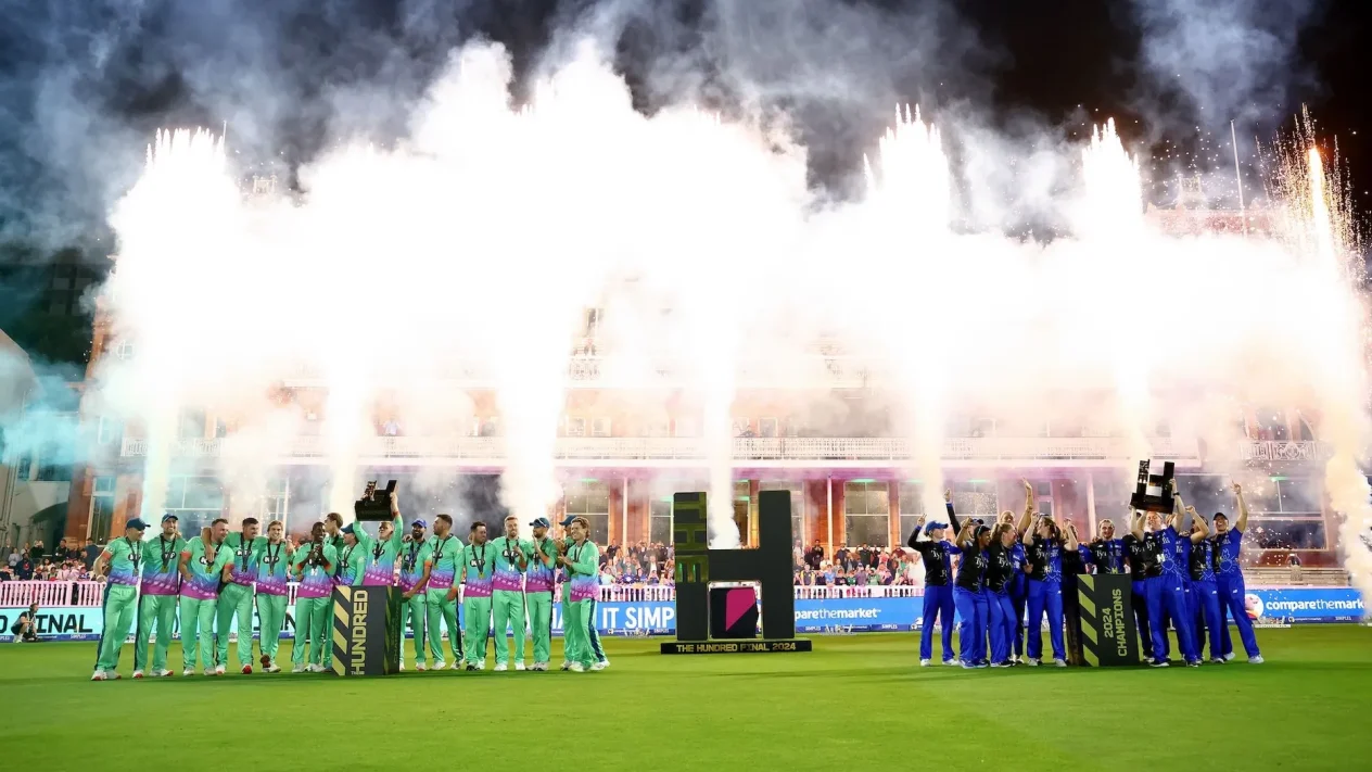 Teams from the 2024 The Hundred lift the cricket trophy