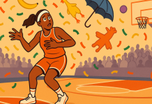 When betting on dildos disrupts the WNBA, we’ve lost the plot An illustration of a bewildered WNBA player dodging an absurd rain of random objects (e.g. confetti, rubber chickens, etc.)