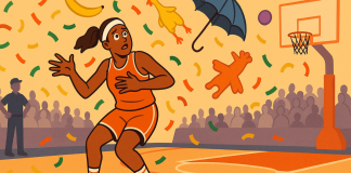 When betting on dildos disrupts the WNBA, we’ve lost the plot An illustration of a bewildered WNBA player dodging an absurd rain of random objects (e.g. confetti, rubber chickens, etc.)