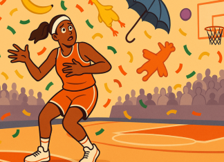 When betting on dildos disrupts the WNBA, we’ve lost the plot An illustration of a bewildered WNBA player dodging an absurd rain of random objects (e.g. confetti, rubber chickens, etc.)