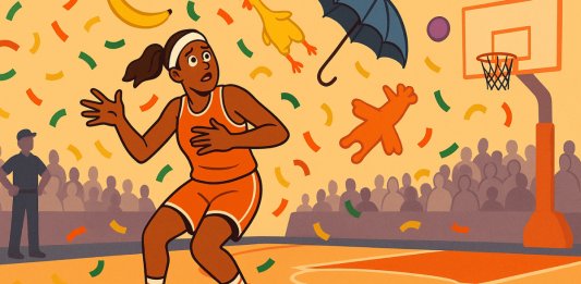 An illustration of a bewildered WNBA player dodging an absurd rain of random objects (e.g. confetti, rubber chickens, etc.)