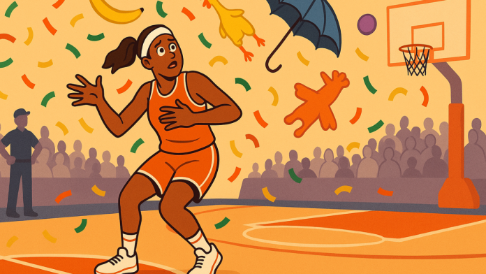 WNBA An illustration of a bewildered WNBA player dodging an absurd rain of random objects (e.g. confetti, rubber chickens, etc.)