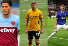 No more front and centre for football’s betting sponsorships Image of three football team players with betting sponsorships on the front of their shirts.