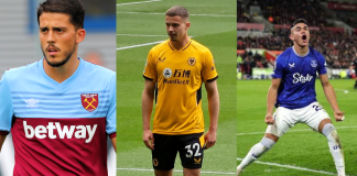No more front and centre for football’s betting sponsorships Image of three football team players with betting sponsorships on the front of their shirts.