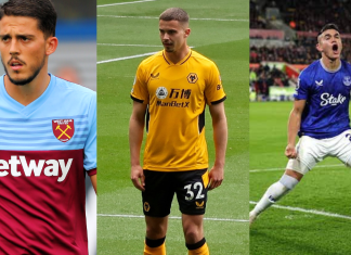 No more front and centre for football’s betting sponsorships Image of three football team players with betting sponsorships on the front of their shirts.