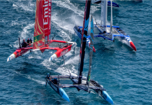 SailGP signs Smarkets as first official betting partner New Zealand SailGP Team driven by Peter Burling in close racing action ahead of Emirates Great Britain SailGP Team driven by Giles Scott, France SailGP Team driven by Quentin Delapierre and Germany SailGP Team driven by Erik Heil on Race Day 2 of the Apex Group Bermuda Sail Grand Prix in Bermuda. Sunday 5th May 2024. Photo: Bob Martin for SailGP. Handout image supplied by SailGP