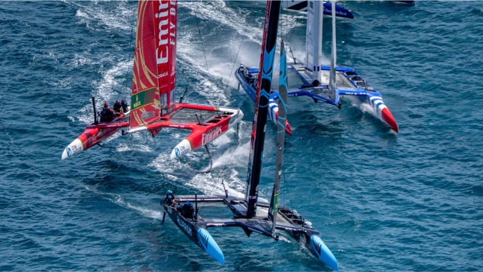 SailGP New Zealand SailGP Team driven by Peter Burling in close racing action ahead of Emirates Great Britain SailGP Team driven by Giles Scott, France SailGP Team driven by Quentin Delapierre and Germany SailGP Team driven by Erik Heil on Race Day 2 of the Apex Group Bermuda Sail Grand Prix in Bermuda. Sunday 5th May 2024. Photo: Bob Martin for SailGP. Handout image supplied by SailGP