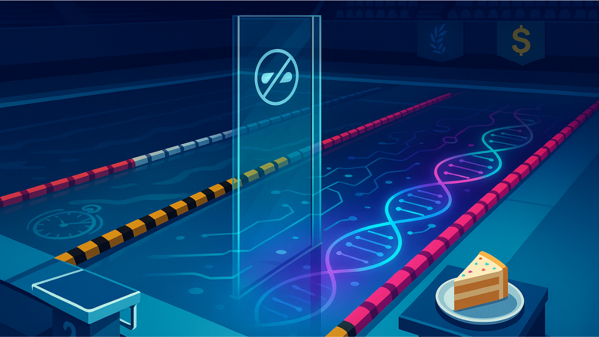Illustrated image of a swimming pool with symbols in the water relating to doping, representing the enhanced games