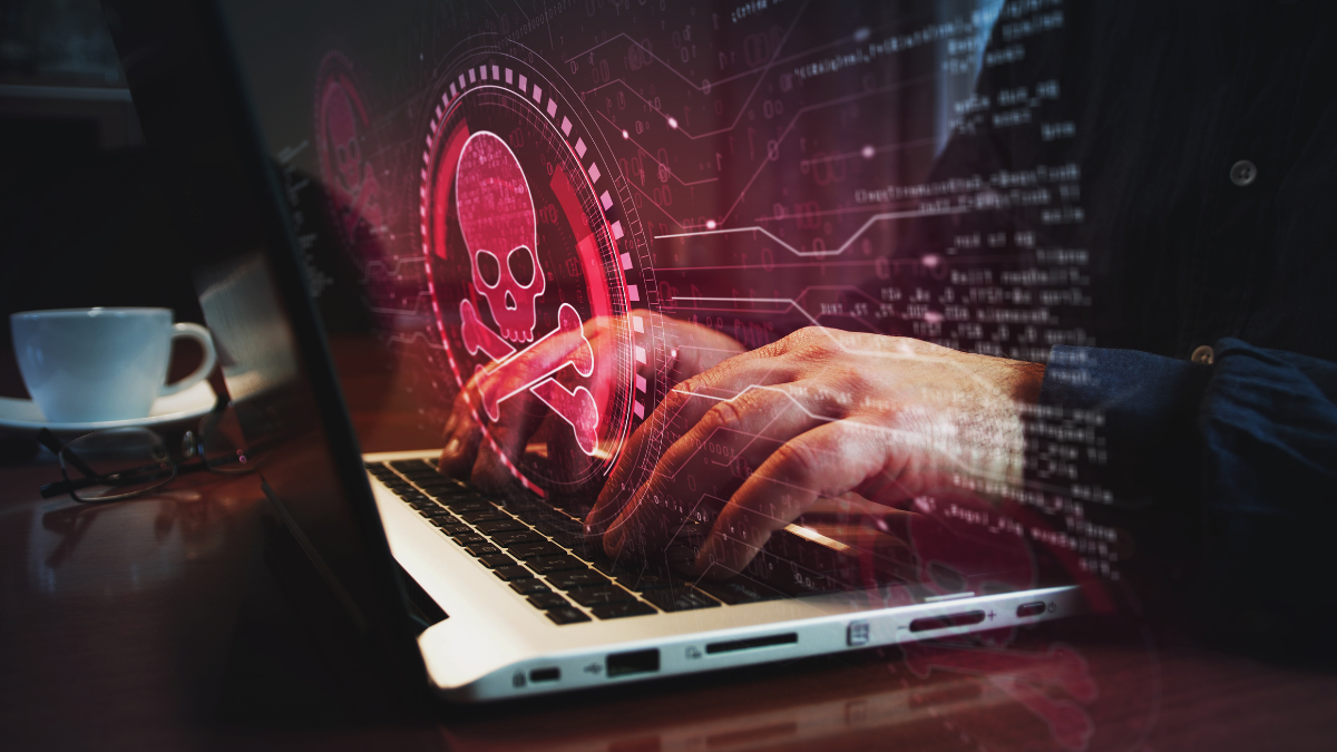 Skull pirate, online cyberattack, hack, threat and breach security symbol and man typing computer keyboard. Hands on laptop. Network, cyber technology and background abstract piracy concept.