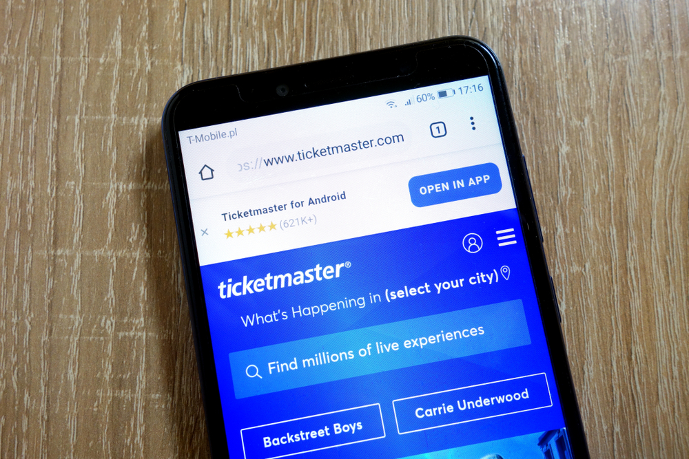 Image of the ticketmaster home screen on a smartphone
