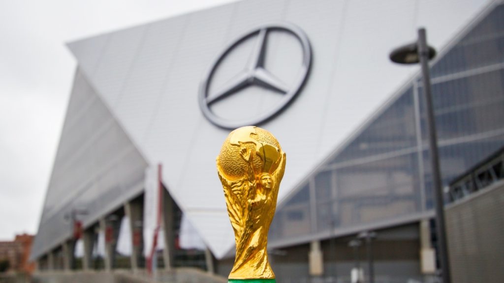 THE USA, ATLANTA, 17 OCTOBER 2019: World Cup FIFA on background Mercedes-Benz Stadium in Atlanta state of Georgia. FIFA World cup of football will takes in North America and South America in 2026.