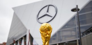 FIFA World Cup 2026 faces new week of controversies THE USA, ATLANTA, 17 OCTOBER 2019: World Cup FIFA on background Mercedes-Benz Stadium in Atlanta state of Georgia. FIFA World cup of football will takes in North America and South America in 2026.