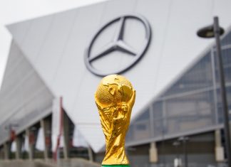 FIFA World Cup 2026 faces new week of controversies THE USA, ATLANTA, 17 OCTOBER 2019: World Cup FIFA on background Mercedes-Benz Stadium in Atlanta state of Georgia. FIFA World cup of football will takes in North America and South America in 2026.