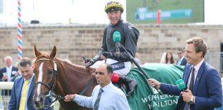 ITV keeps horse racing visible as tax debate drags on YORK RACECOURSE, YORK, UK : 20 August 2021 : Frankie Dettori on Stradivarius is interviewed by Ollie Bell from ITV Racing after winning the Group 2 Lonsdale Cup at York Races.