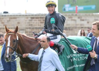 ITV keeps horse racing visible as tax debate drags on YORK RACECOURSE, YORK, UK : 20 August 2021 : Frankie Dettori on Stradivarius is interviewed by Ollie Bell from ITV Racing after winning the Group 2 Lonsdale Cup at York Races.
