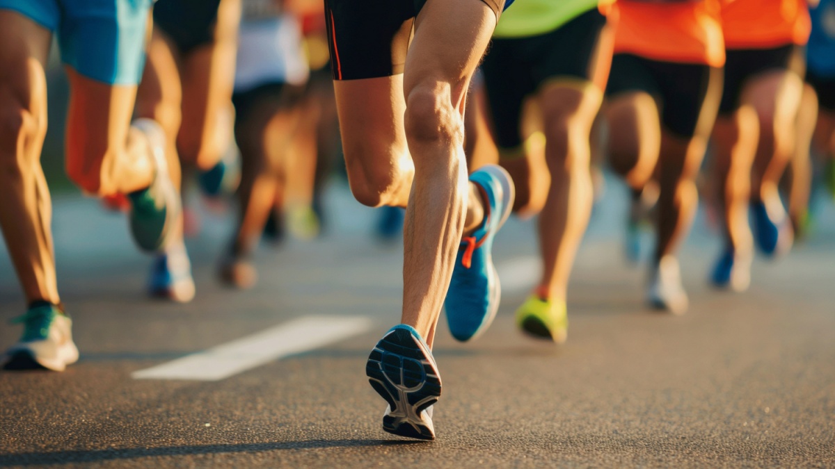 Close-Up of Marathon Runners' Legs on City Road During Athletic Competition.