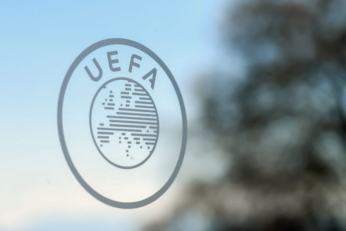 Uefa logo etched into some glass
