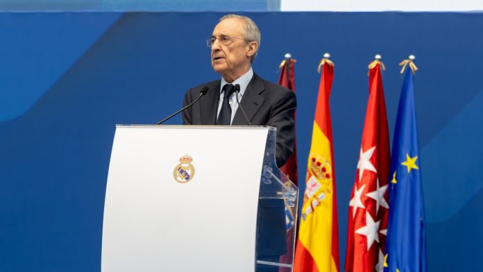 Madrid, Spain - July 27, 2024: Soccer player Endrick is presented at the Santiago Bernabeu as a new Real Madrid player. Florentino Perez presents the new player.
