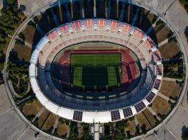 AC Milan and Inter take control of San Siro’s future Aerial view photo from flying drone at Saint Nicholas Stadium, the home stadium of S.S.C. Bari, football club in south Italy. Drone photo of Stadio San Nicola di Bari, Puglia.