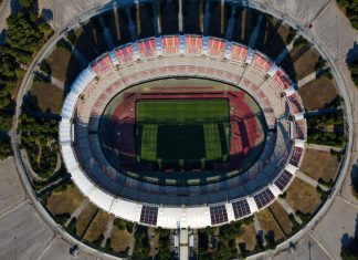 AC Milan and Inter take control of San Siro’s future Aerial view photo from flying drone at Saint Nicholas Stadium, the home stadium of S.S.C. Bari, football club in south Italy. Drone photo of Stadio San Nicola di Bari, Puglia.