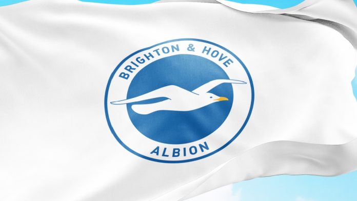 Brighton-(1) Çorum, Turkey, May 2024: The flag Brighton - Hove Albion waving in the wind on a clear day. Brighton - Hove Albion is a English professional football club.