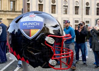 NFL locks in Munich return with regular season games in 2026 and 2028 Munich, Bavaria, Germany, November, 12 2022, crowded NFL fan area Odeonsplace, one day before the first NFL game in Germany