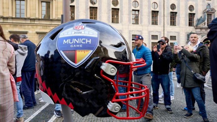Munich, Bavaria, Germany, November, 12 2022, crowded NFL fan area Odeonsplace, one day before the first NFL game in Germany