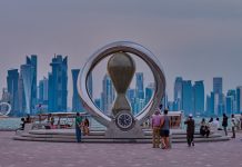 Beyond: Arab Cup highlights Middle East’s hosting advantage Doha, Qatar-April 20 2025:The FIFA World Cup Qatar 2022 Official Countdown Clock with people walking and Doha skyline in background.