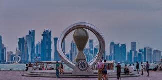 Beyond: Arab Cup highlights Middle East’s hosting advantage Doha, Qatar-April 20 2025:The FIFA World Cup Qatar 2022 Official Countdown Clock with people walking and Doha skyline in background.