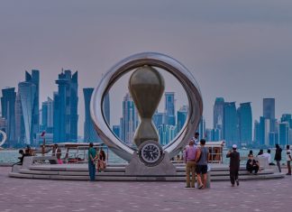 Beyond: Arab Cup highlights Middle East’s hosting advantage Doha, Qatar-April 20 2025:The FIFA World Cup Qatar 2022 Official Countdown Clock with people walking and Doha skyline in background.