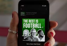 Will Gary Lineker feature in Netflix’s World Cup coverage? Hebden Bridge, West Yorkshire UK. August 17, 2023. The Rest is Football podcast playing on a Google Pixel 4 mobile phone. Woman's hand with red nails. Episode Harry Kane with Gary Lineker.