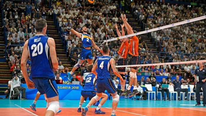 Volleyball-Nations-League MILAN, ITALY-SEPTEMBER 24, 2018: Volleyball Men's World Championship Italy and Bulgaria 2018, Italy vs Netherlands, at the Forum indoor arena, in Milan.