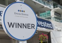 Frank Warren brings Queensberry boxing flair to horse racing Epsom Downs,Surrey / England - August 4th 2018: Winner sign at the famous Epsom Downs Race course, which is owned by the Jockey Club and best known for hosting the Derby Stakes.