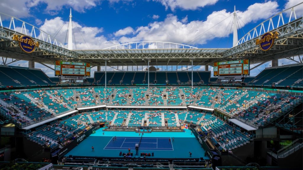 MIAMI GARDENS, FLORIDA - MARCH 29, 2024: Hard Rock Stadium during tennis match at the 2024 Miami Open in Miami Gardens, Florida.