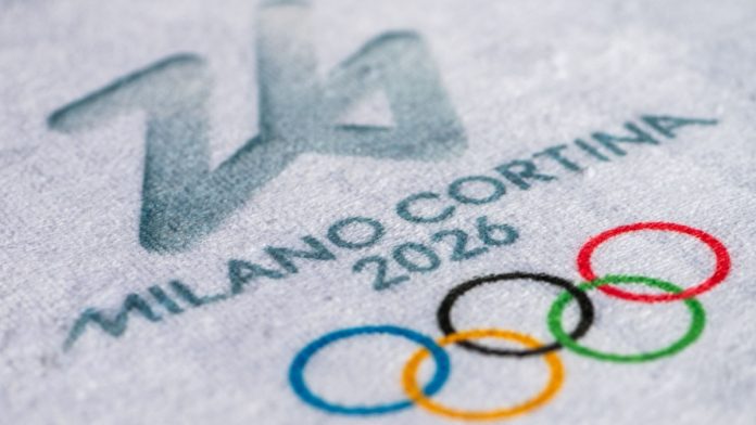 Milano-Cortina MILAN, ITALY, OCTOBER 20, 2025: Logo of Winter Olympics Game 2026 in Milano and Cortina, Italy. White background, macro and detail