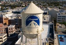 Paramount CEO won’t back down from Netflix showdown Los Angeles California. USA: 2025 December 9. Motion picture industry studio. Paramount Pictures, The Studios at Paramount Pictures. Aerial, water tank and tower logo.