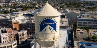 Paramount CEO won’t back down from Netflix showdown Los Angeles California. USA: 2025 December 9. Motion picture industry studio. Paramount Pictures, The Studios at Paramount Pictures. Aerial, water tank and tower logo.