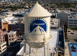 Paramount CEO won’t back down from Netflix showdown Los Angeles California. USA: 2025 December 9. Motion picture industry studio. Paramount Pictures, The Studios at Paramount Pictures. Aerial, water tank and tower logo.