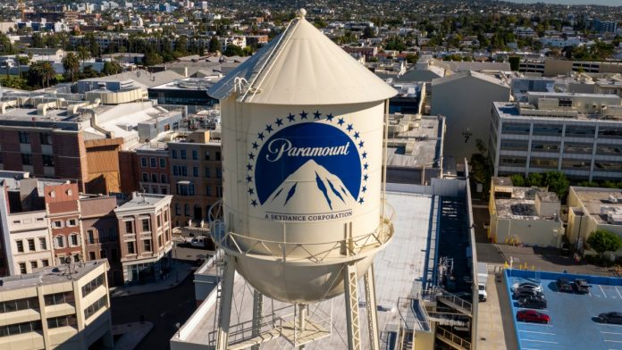Paramount Los Angeles California. USA: 2025 December 9. Motion picture industry studio. Paramount Pictures, The Studios at Paramount Pictures. Aerial, water tank and tower logo.