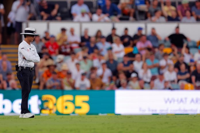 Brisbane,,Australia.,January,25,,2024.,Umpire,Sharfuddoula,Saikat,During,The Brisbane, Australia. January 25, 2024. Umpire Sharfuddoula Saikat during the first day of the NRMA Insurance Test Match between Australia and West Indies at the Gabba