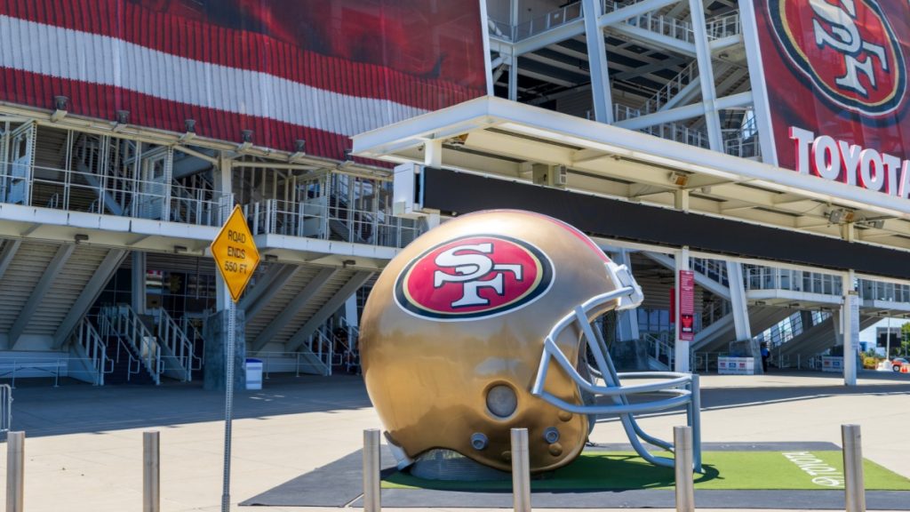 Santa Clara California USA - 7 26 2025: A giant helmet at Levi's Stadium the home of San Francisco 49ers NFL team in Santa Clara California USA.