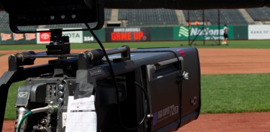 San Francisco - June 8, 2022: A broadcast camera with lineups taped to it before a game between the Colorado Rockies and San Francisco Giants at Oracle Park MLB.