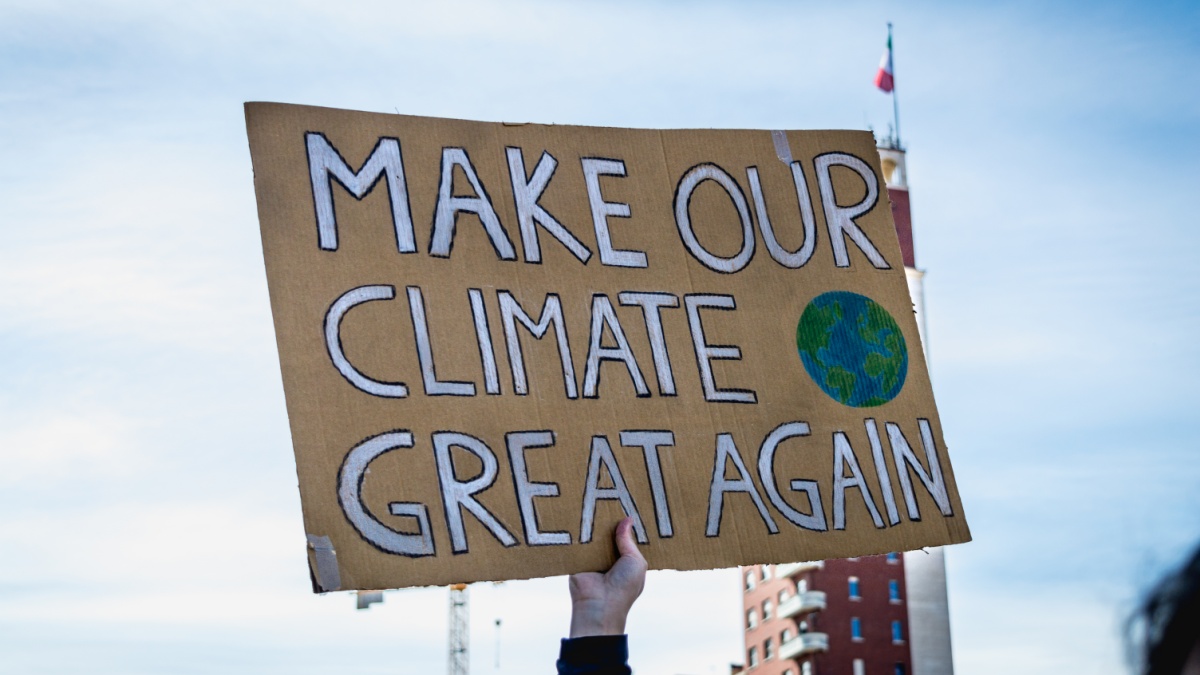 Turin (Torino), Piedmont, Italy - March 15th 2019: make our climate great again sign during fridays for future strike.